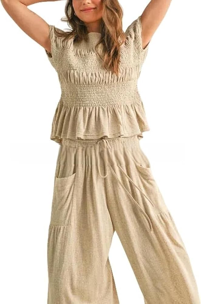 その他 mirha&puff Picnic camisole Ruffle Pants Women's Boho Elastic Flowy High Waisted Ruffle Hem Wide Leg